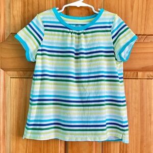 Girl’s size 7-8 Lands’ End blue, white, and green striped short sleeved top